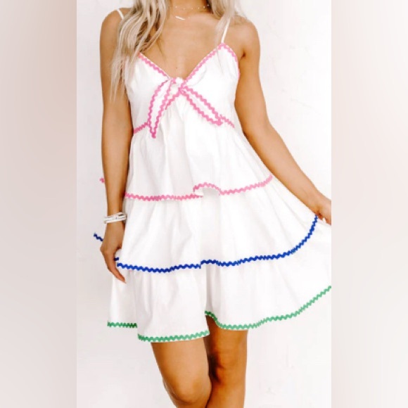 Tiered Mini Dress In White with Colorful Trim- Size Medium (Boutique) - Picture 2 of 4